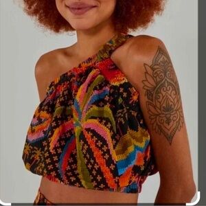 Farm Rio black macaw one shoulder crop top